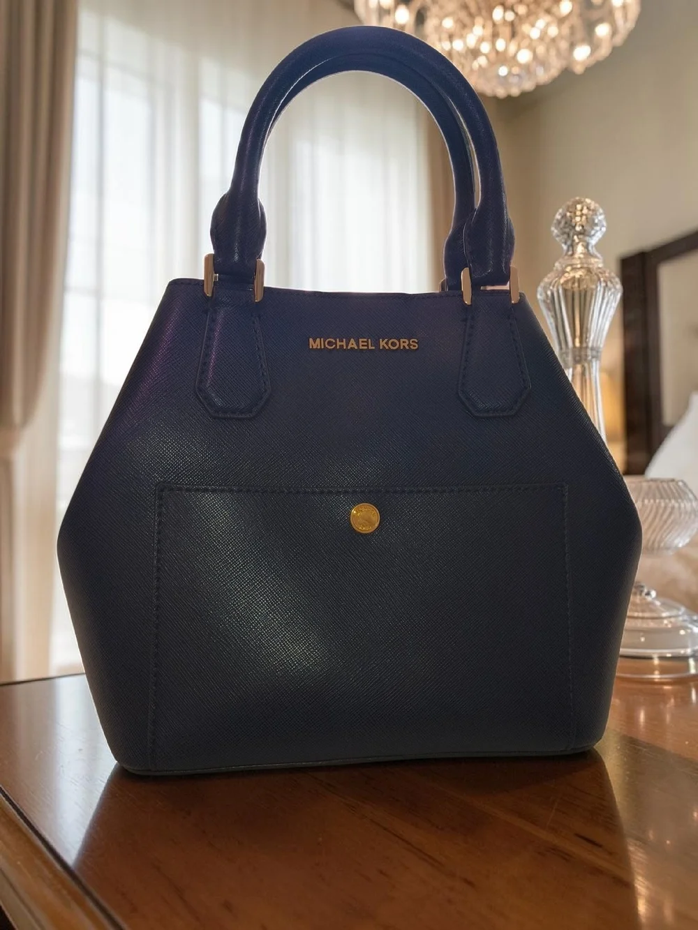 Michael Kors Greenwich Medium Saffiano Leather Satchel Navy Blue Gold NWOT